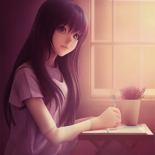 Beautiful girl studying in room, anime style