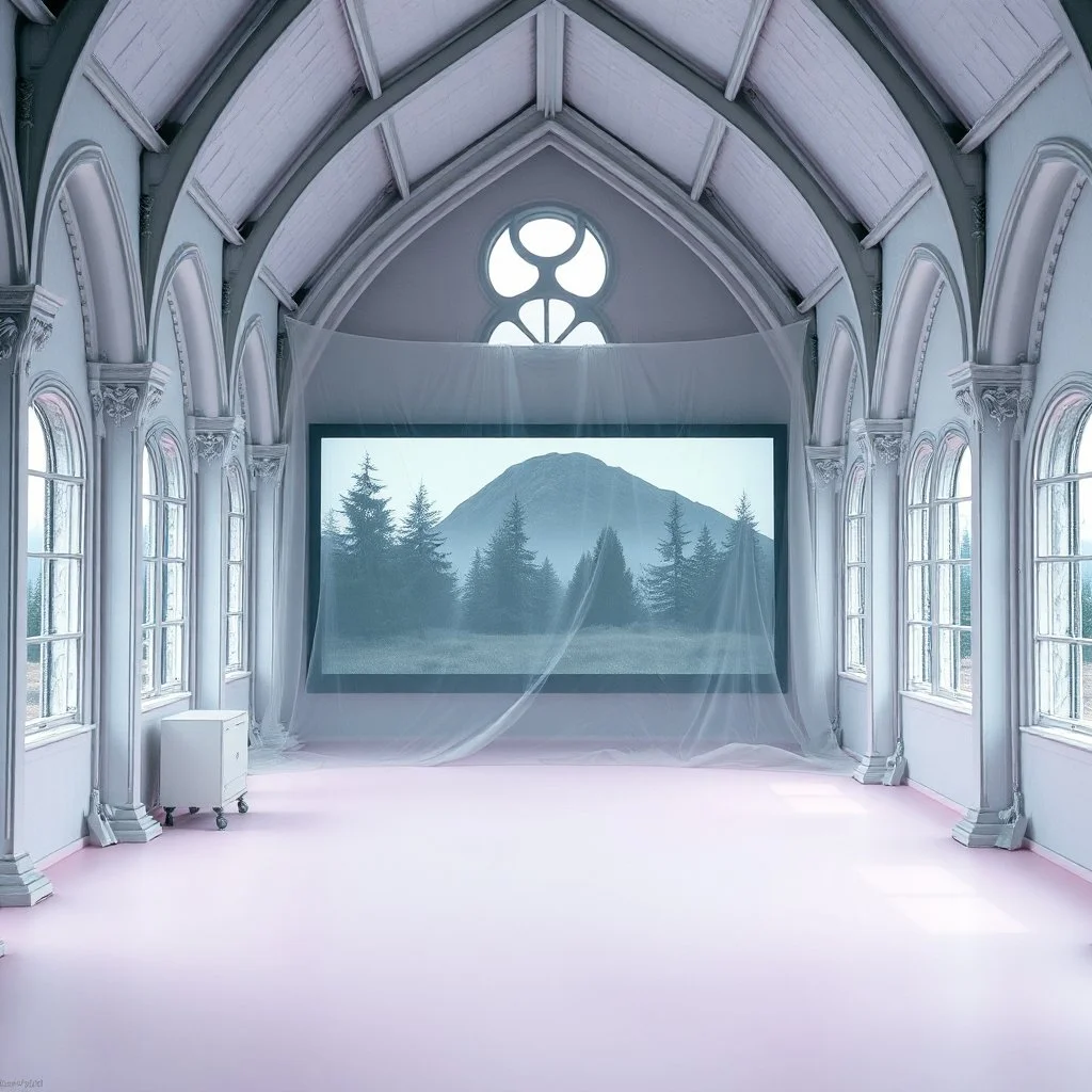 A Hasselblad H6D-400c photo of a gothic odd room with white structures and a large computer screen. A transparent tarpaulin covers an image resembling a ruined building. There is a group of fir trees in the background and a high hill in the distance. The surface below is in a pastel color. Fog is present.