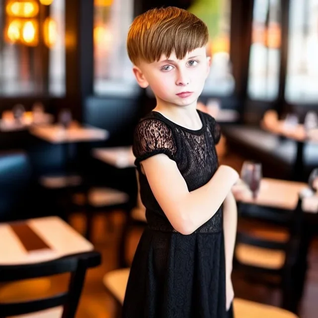 Russian tomboy boyish boylike short man's haircut boyish features in black girlish lacy cocktail dress in restaurant