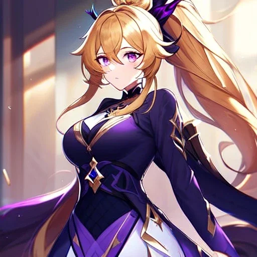 Clear focus, 8k, beautiful lighting, vibrant colors, girl, golden hair, long hair, vibrant purple eyes, ponytail, messy hair, hair in between the eyes, Honkai Impact 3 outfit,