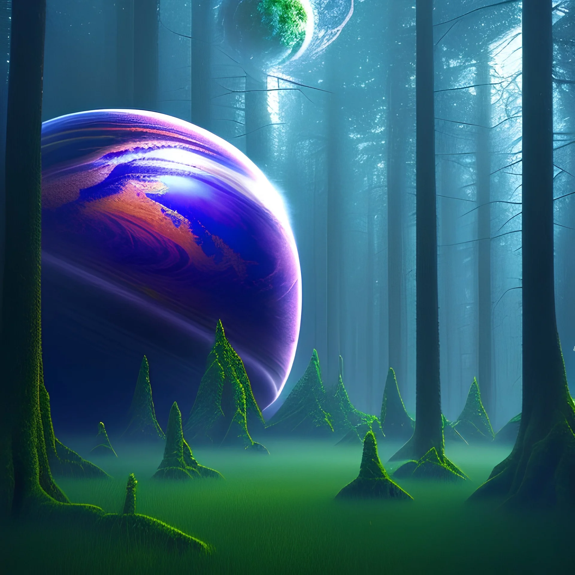 rainy forest with a purple planet over the land