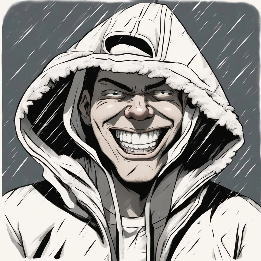 a closeup of a psychopathic young man with white eyes in a heavy coat and hood during a rainstorm laughing cartoon