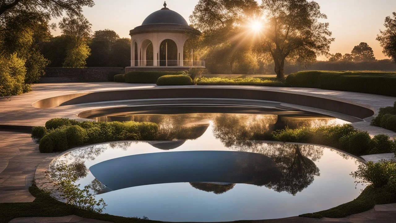 614, delightful, sensitive, confident, parabolic water feature with cusps, delicate, sunrise, architecture, award-winning photograph, beautiful composition, filled with beautiful detail, delicate colour, chiaroscuro