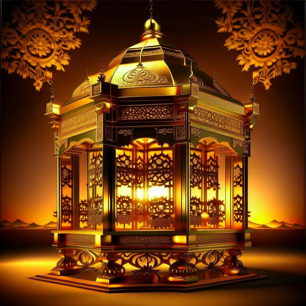 A large golden Ramadan lantern in a place like paradise. From the lantern emerges golden, juicy, amazing, fantastical dates