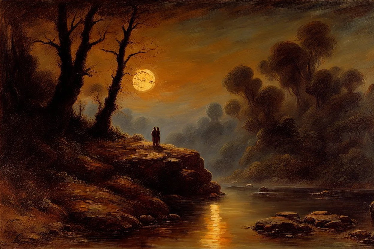 Night, rocks, trees, begginer's landscape, action movies influence, friedrich eckenfelder, and willem maris impressionism paintings