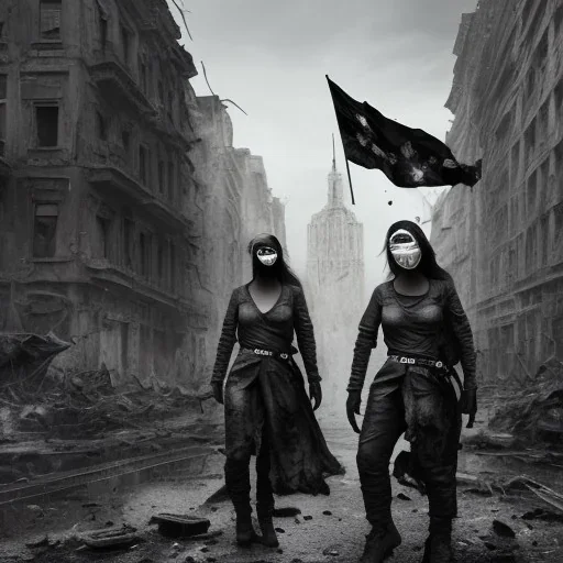 women, faces covered in black masks, ragged clothes, holding flag, war-torn, destroyed city in the background, 8k resolution, hyperrealistic, detailed matte painting, b&w, dynamic lighting, war, anarchy, terrorists