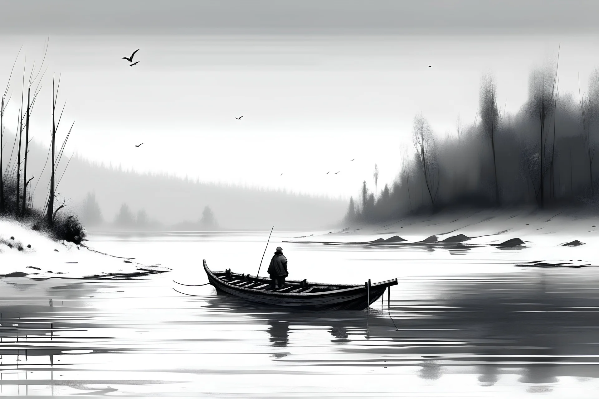 Lonely boat, fishing alone in the cold river and snow, panoramic composition, hazy low and slightly invisible distant mountains, snow flying over the calm water, on a small boat on the distant river, sitting at the stern of the boat, holding a slightly curved fishing rod, the head of the rod hanging low on the river, ink style