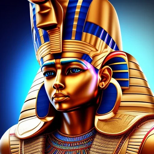 3D close-up of a Egyptian king Ramses, high contrast, glowing backlighting, blue and red backlighting, vibrant hair, dark brown eyes, sharp focus, face painting, background blur.