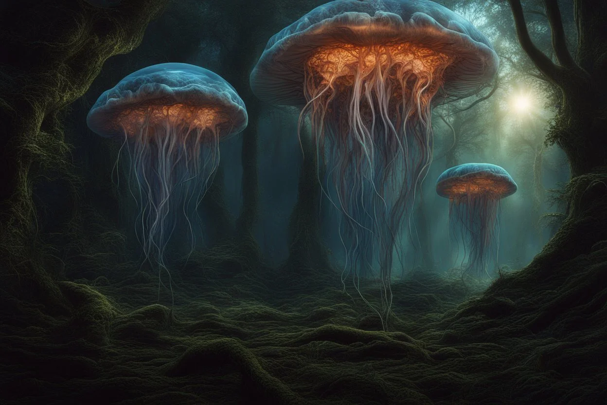 Alien jellyfish forest, photorealistic, Detailed Matte Painting, Deep Colour, Fantastical, Intricate Detail, sunshine, blue sky