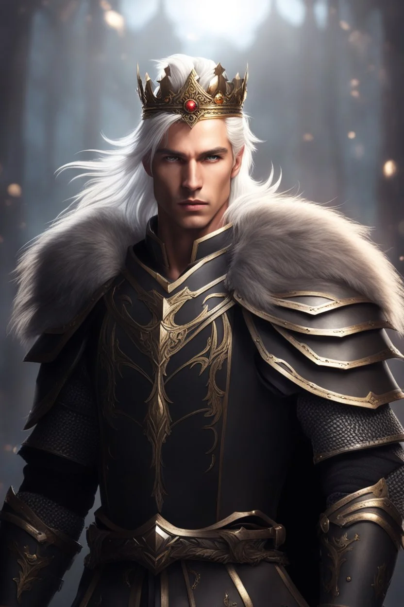 Male Tan Human, White Hair, Handsome Face, Wearing A Magical Crown, Black Heavy Armour, Dark colours theme, Dark Background, Paladin Greatsword Strapped to his Back