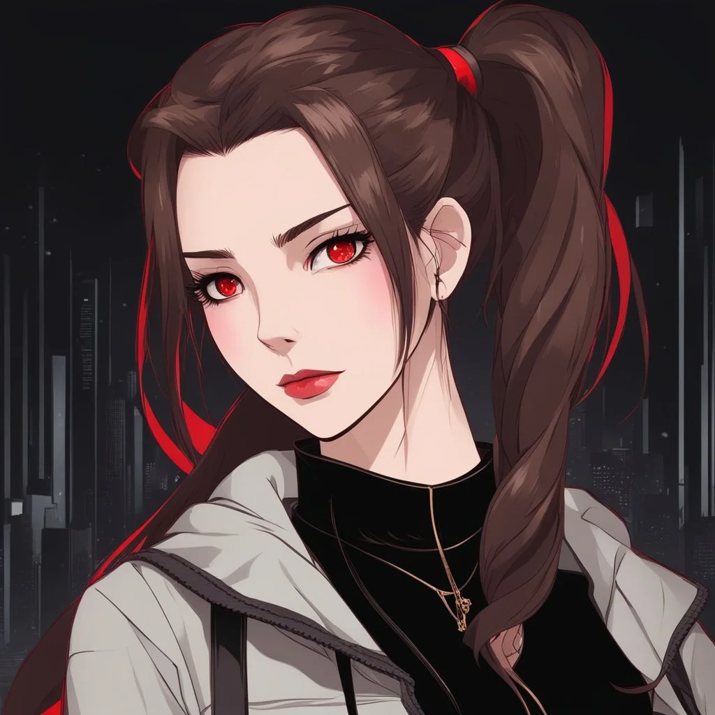 A portrait headshot of a confident looking young woman with pale skin, red eyes, and long brown hair pulled into a ponytail in a dark modern setting with intricate details. She is wearing black and red casual clothes, an air of malevolent power surrounds her. sketchy Anime style. splash art