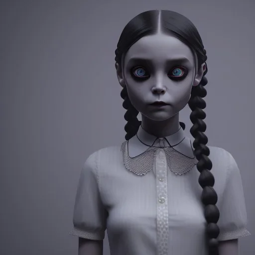 Wednesday Addams, Wednesday with braids standing with her arms crossed, dark, soft goth lip, hyper detail, octane render, unreal engine 5, photorealistic, 8k resulation