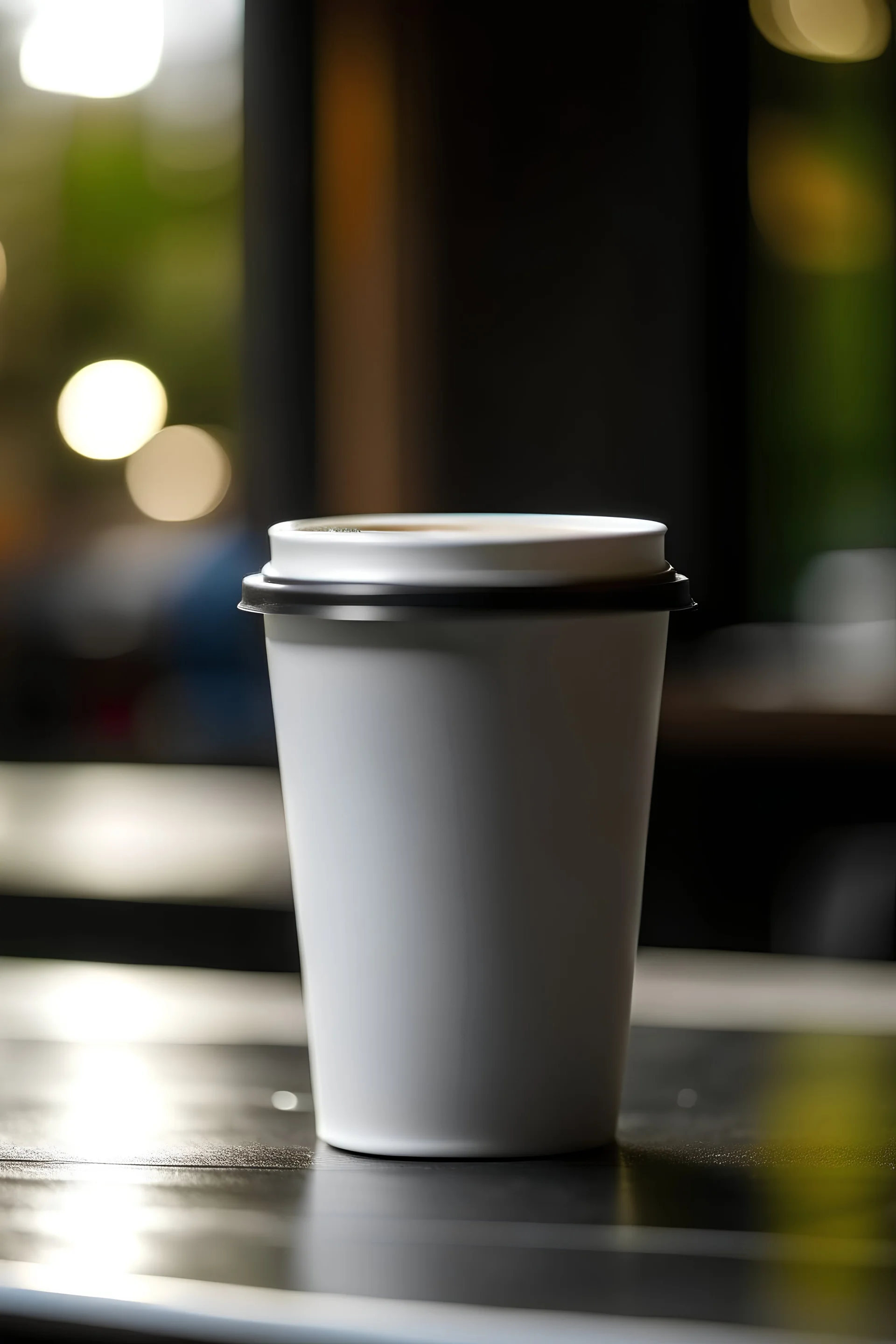 Paper cup with coffee, black lid, cup in the foreground, cafe background in the background.