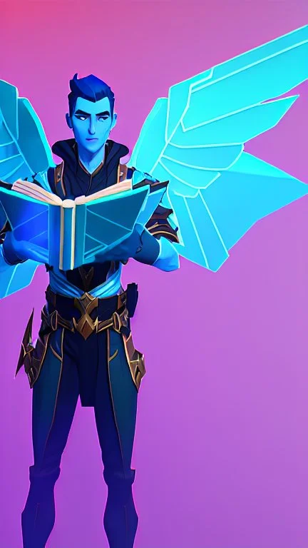 a human male with blue short hair and blue wings in assymetrical armor with geometric patterns and a book in hand, geometric wings