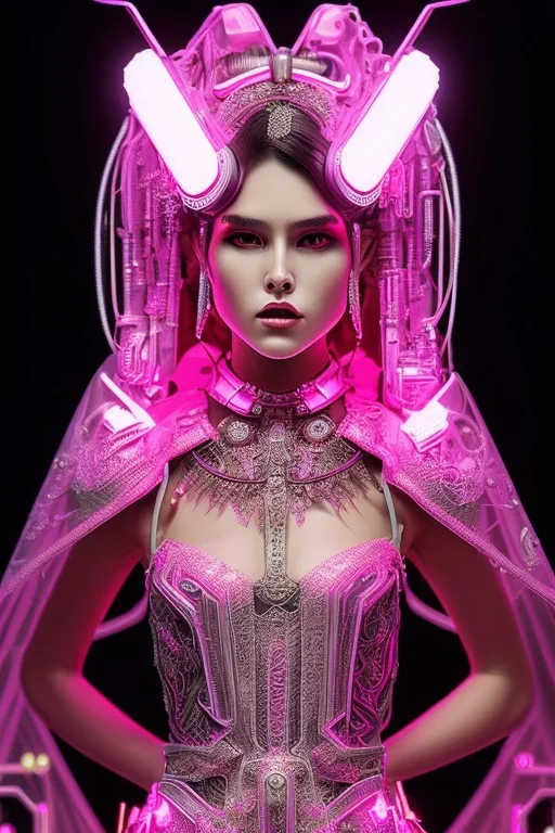 Portrait cyberpunk bride in skin-tight ornate neon pink dress with silver filigree, full body shot, full-color long shot