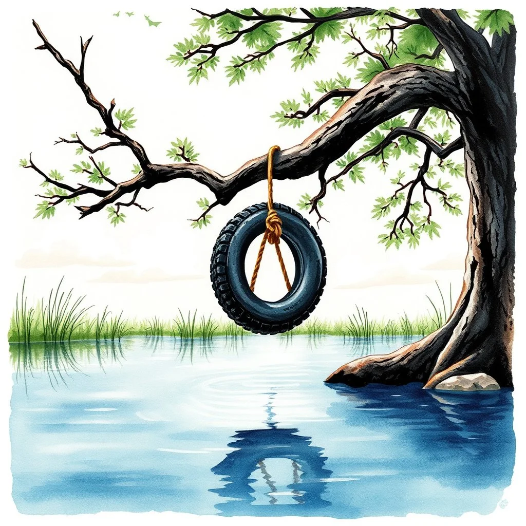 watercolor and ink showcasing a quaint swimming hole. Oak tree branch with an old tire tied to a rope dangling over water. Reflective. The atmosphere captures the stillness of a swimming pond with the underlying energy of a hot summer day. vision encapsulates a modern scene inspired by cinematic lighting techniques, enhancing the richness of textures and depth within the artwork, pastel sky with a few clouds, low contrast, elegant composition