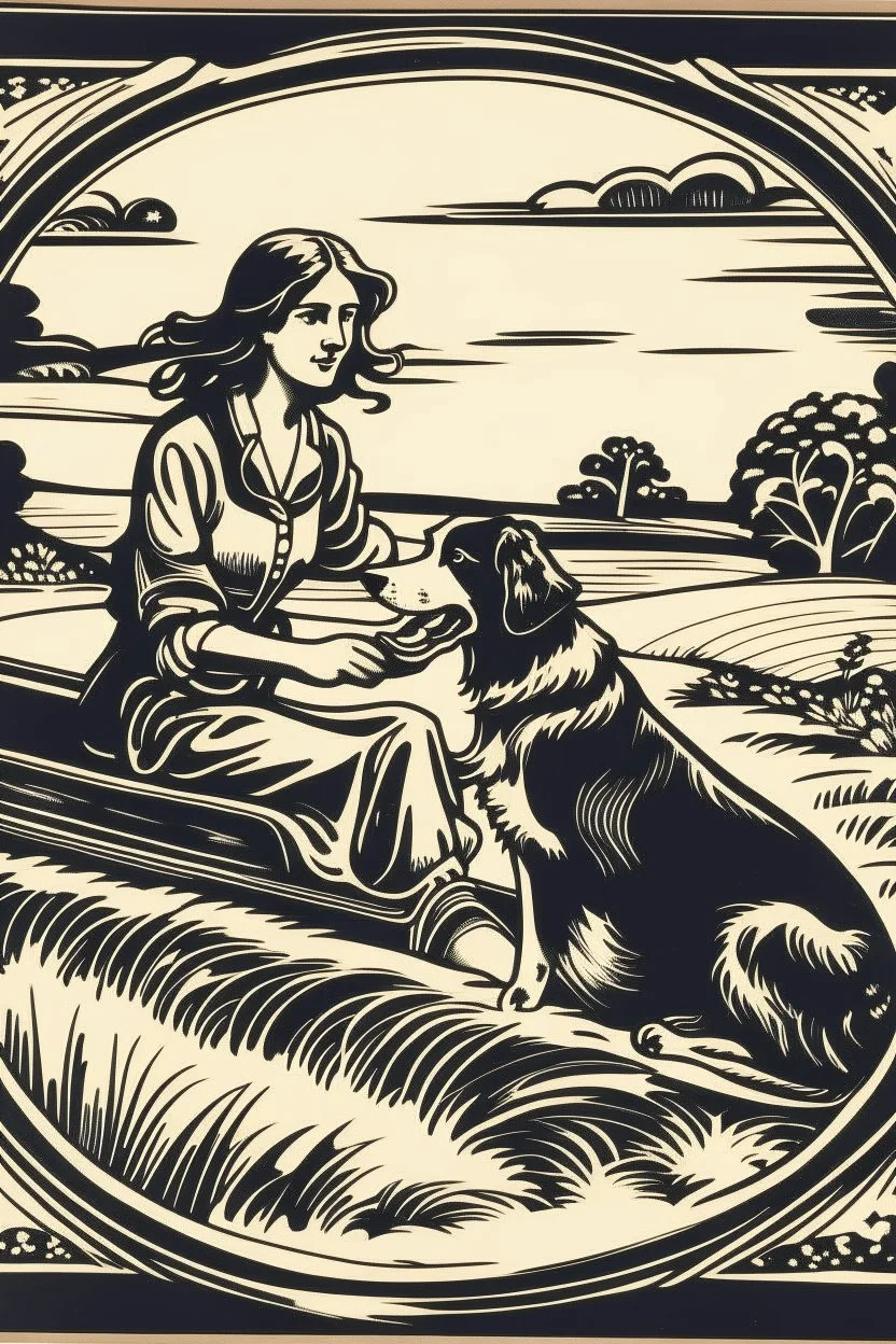 Block print nxious woman driving through countryside with her collie in passenger seat