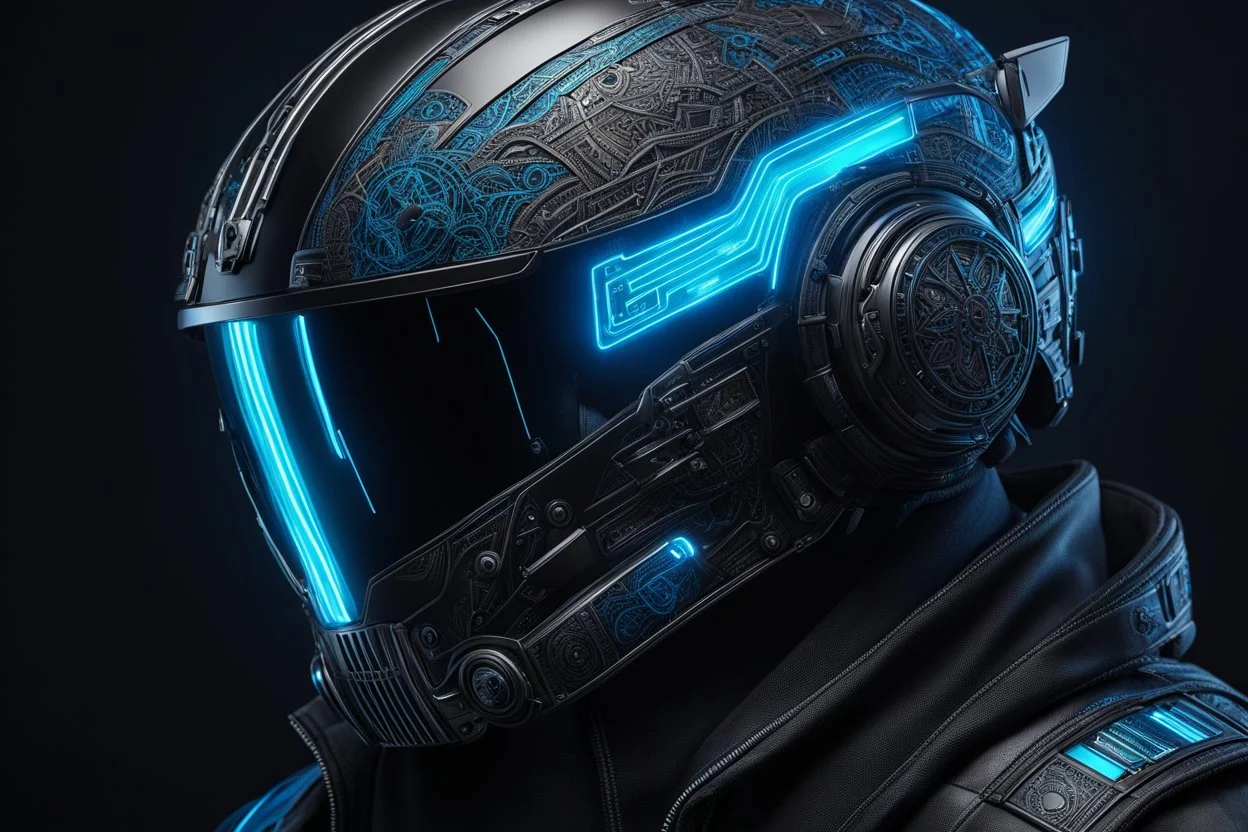 Someone wears a black glass Cyberpunk helmet , full helmet cover , Changshan, black and blue color, cyberpunk drawing style, neon, intricate details, highly detailed, high details, detailed portrait, masterpiece,ultra detailed, ultra quality