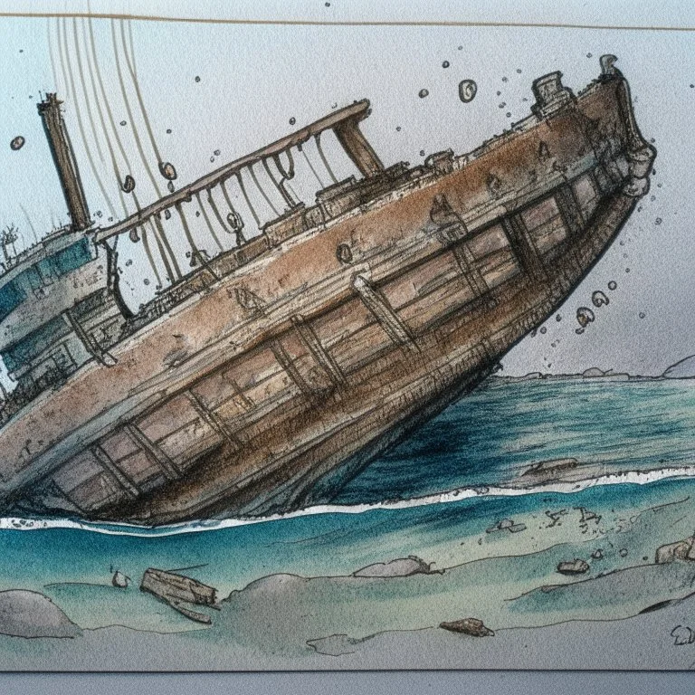 Artmarker, copic marker drawing of a sunken ship.