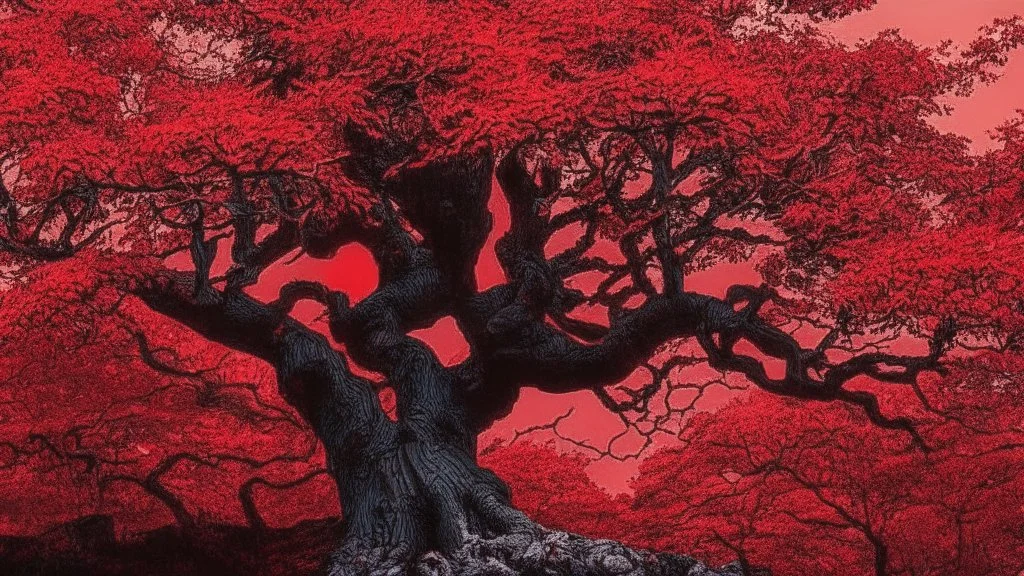 red tree, highly detailed, boutyfull desktop wallpaper, comic style