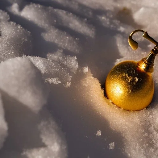 long shot of exquisite tiny gold bell half buried in snow, warm colors, soft lighting, snowdrift, long shot, soft focus