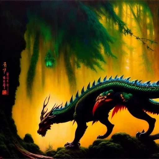 Drawing of 'Forest Dragon' painting by gaston bussiere, greg rutkowski, yoji shinkawa, yoshitaka amano, tsutomu nihei, donato giancola, tim hildebrandt,KyuYong Eom,Ren Wei Pan Oil on canvas, cinematic composition, extreme detail,fit full head inside picture,16k