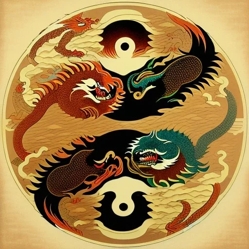 Ukiyo-e styled art, yin and yang sign,dragons