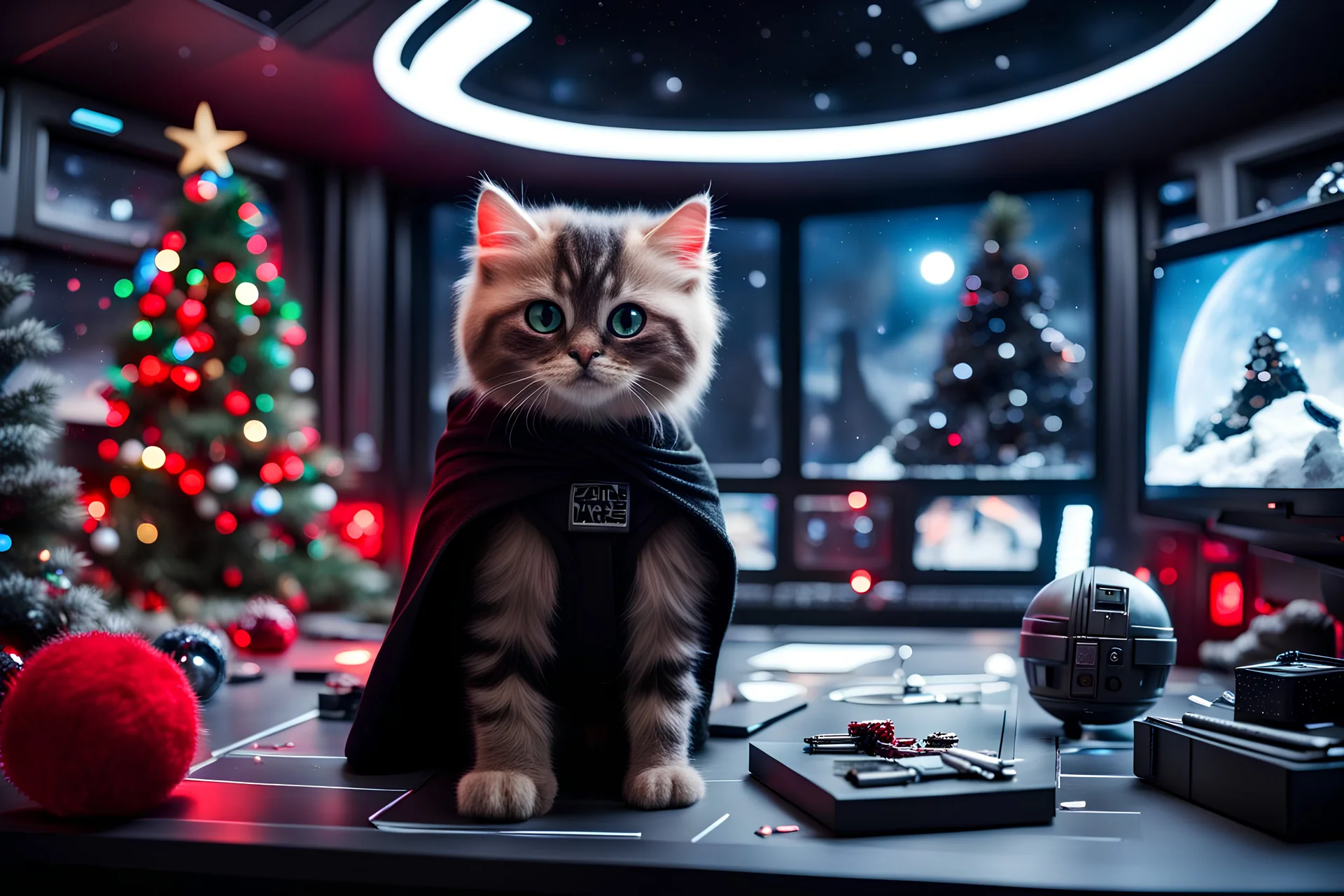 fluffy big eyed kitty sith lord in the command centre in second death star with view to a star wars planet, and christmas tree and sith gifts, cinematic eye view