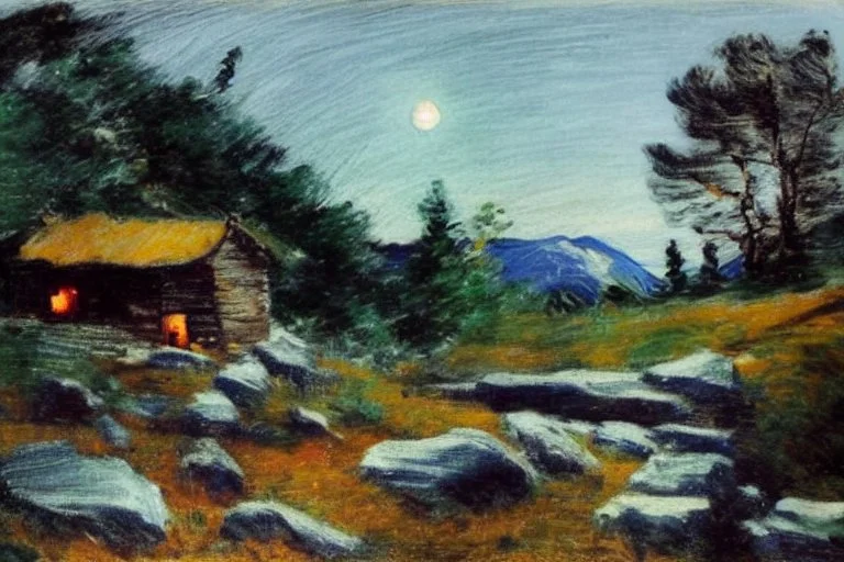 Night, moon, cabin, pathway, rocks, grass, trees, distant trees, distant mountains, lesser ury and philip wilson steer impressionism pianting