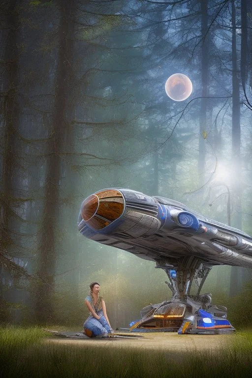 spaceship in a woodland clearing, next to a lake, with a woman kneeling under it, repairing it, blue sky