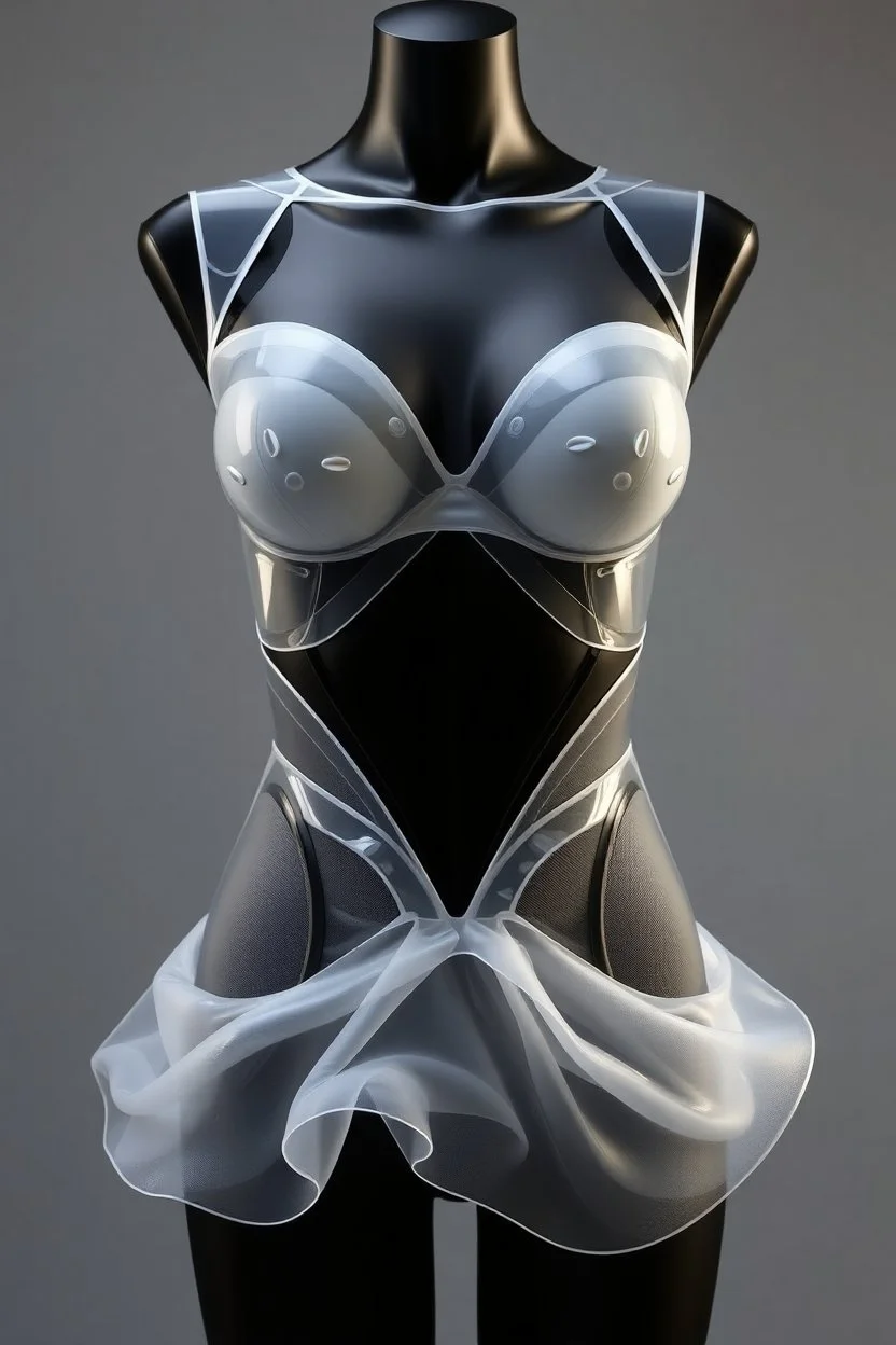 Aderente al busto, si espande in volumi fluttuanti nella parte bassa Materiali: TPU trasparente, tessuto reticolare stretch, inserti in silicone Dettagli: Strati sovrapposti effetto membrana in movimento, tagli organici che seguono la mappa dei muscoli