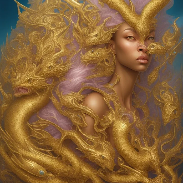 sango fantasy, fantasy magic, intricate, sharp focus, illustration, highly detailed, digital painting, concept art, matte, artgerm and paul lewin and kehinde wiley, masterpiece sexy lips Asian afro lips black African lady body mermaid Dragon head golden space lady sea under water mermaid pretty