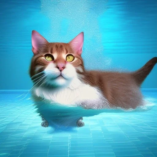 Eine Katze schwimmt im Swimmingpool, realistic Foto, all details cgi and effects