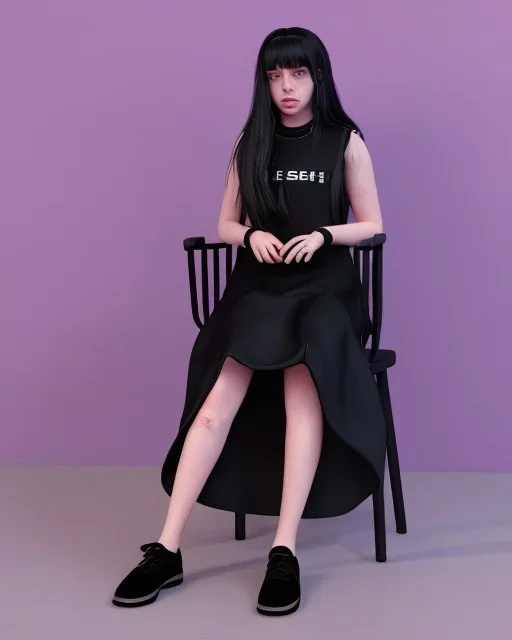 Billie Eilish, sitting on a chair, Black Short Dress, high detail, realistic