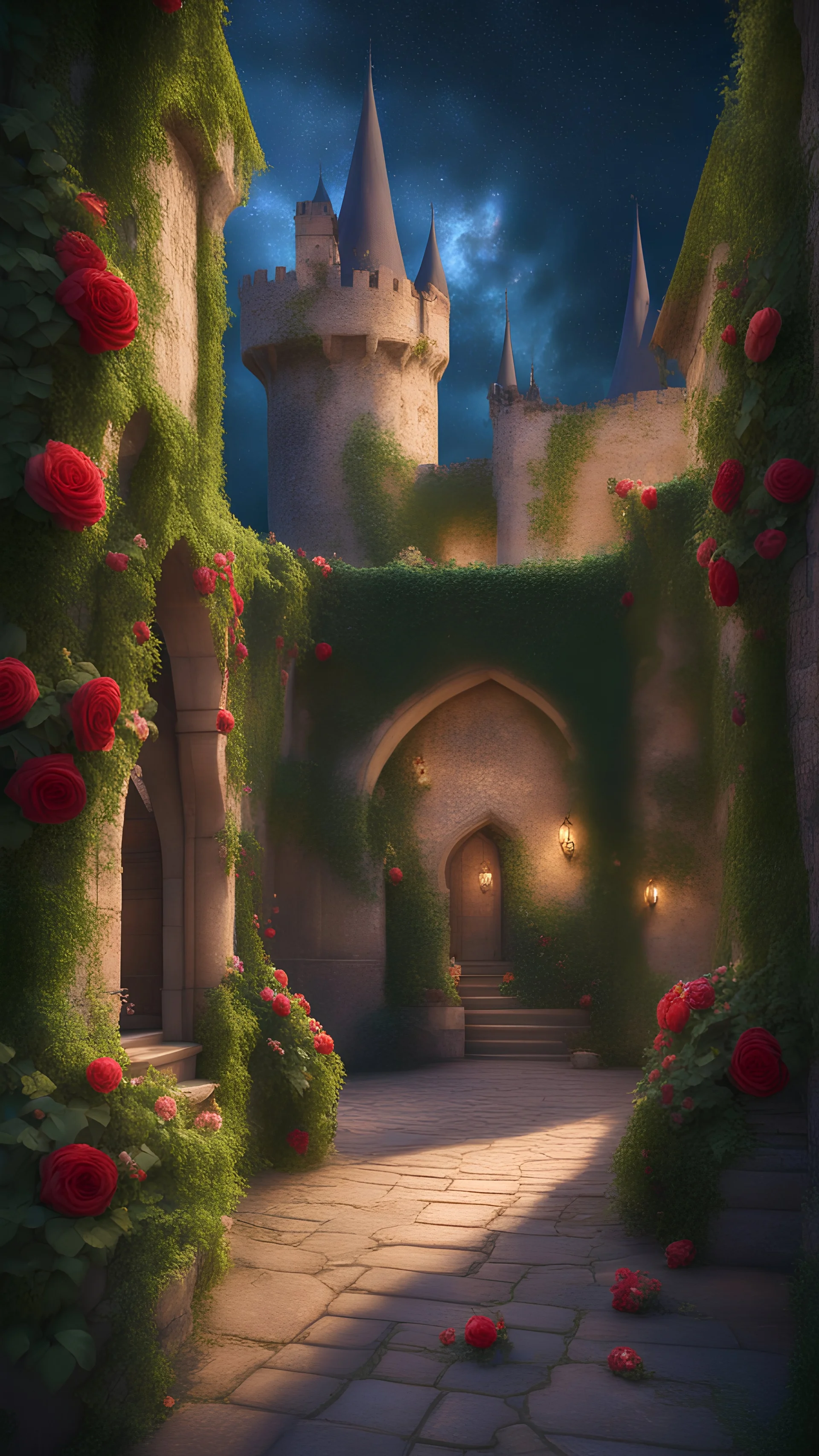 high quality, 8K Ultra HD, A courtyard of a fairy tale castle with ivy-covered walls, blooming roses, and a couple dancing under a starry sky, by yukisakura, high detailed, Beautiful, epic, vibrant colors, surface detail, surreal lighting, 4K, 8K, 64K, photography realistic, hype realistic, detailed, highly detailed, high resolution, hyper-detailed, HDR, UHD, Surrealism, Vibrant, Ultra-smooth, Rich and vibrant colors, Unique features, Expressive emotions, Dynamic pose, Textured surfaces, High co