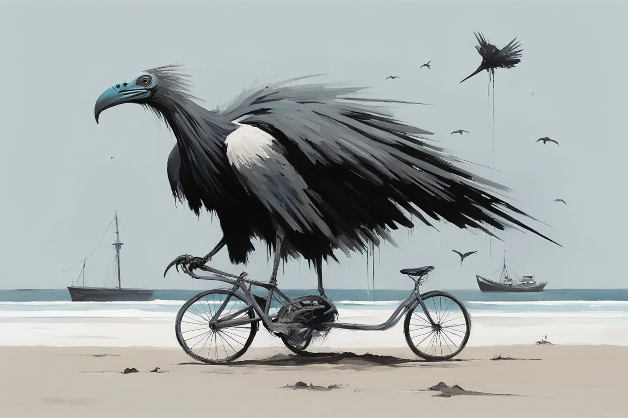 a long-legged lean black-grey cybervulture with ((beak-shaped heads)) (wearing white khiton) riding a bike in front of a boatwreck on a radioactive beach, front view, acrylic painting, minimal art, centered, wild sparse brushstrokes, amazing verticals, great parallels, low bleak colors of gray, blue and black, excellent negative space contrasts