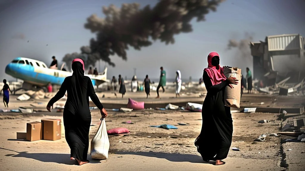 A Palestinian woman wearing a dress carrying very large bags of flour on her back, bending her back down in the destroyed Gaza City, and aid boxes descending from planes near the sea, with a large number of children looking up.