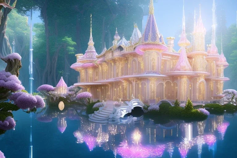 a magical crystal flower pink gold house palace in the woods, blue lake,sun,white swanns,pink vertical, blue lake,sharp, vines, candlelit, endor, ornate, elegant, highly detailed, artstation, concept art, smooth, sharp focus, illustration, 8k, splash art, wallpaper, key visual