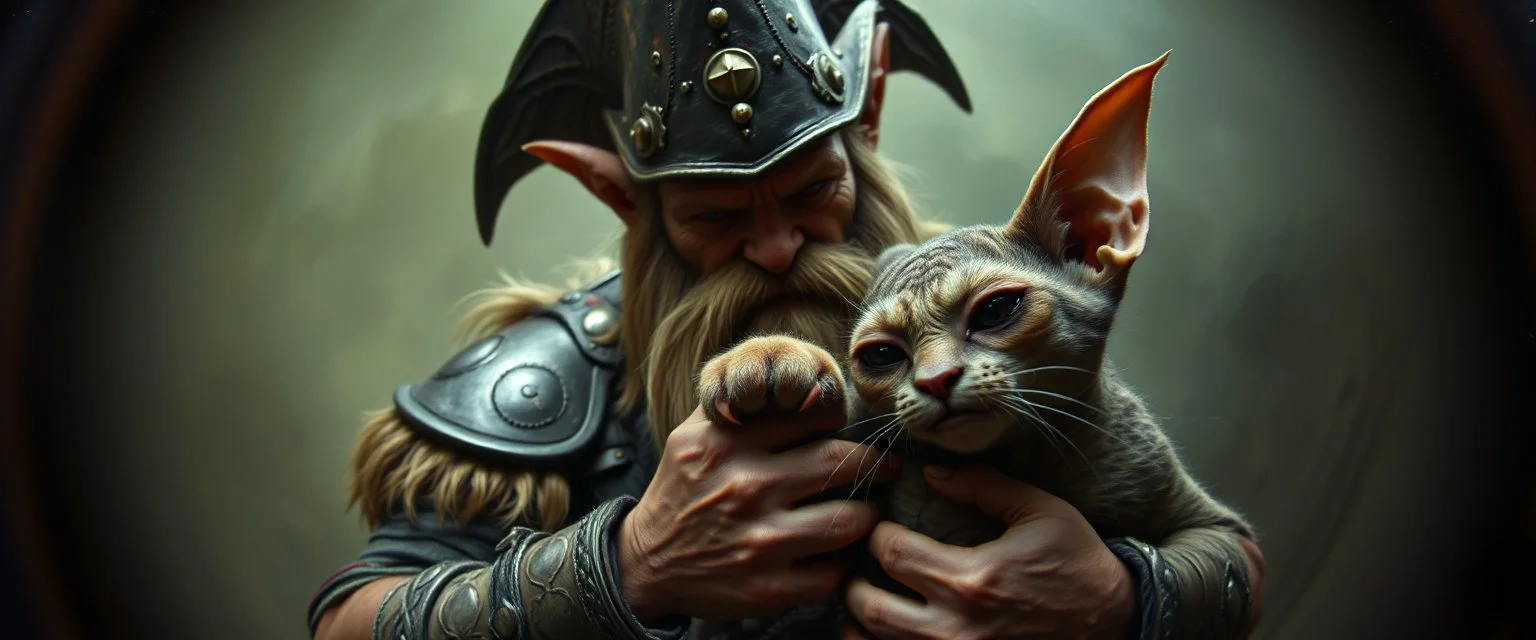 pin hole camera picture, master oil painting by Rembrandt, fantasy orc soldier holding and petting a big ugly vampire cat gremlin, goa trance poster