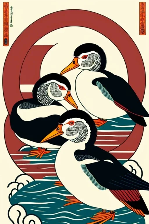  a group of mandarina ducks that are on top of each other, a poster by Nōami, ukiyo-e, anime aesthetic, minimalist.