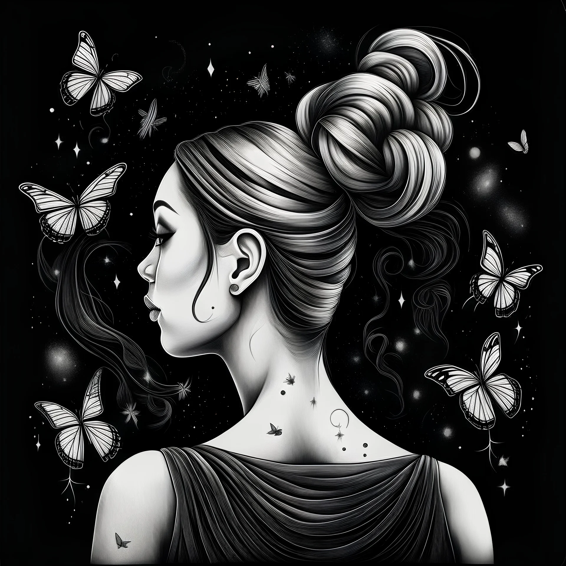 a woman with her hair tied in a ponytail. look behind. butterflies, birds, stars fly around her head. charcoal graphic