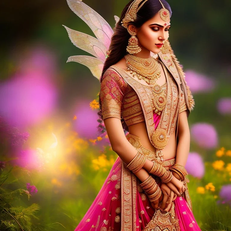 bright indian fairy, beautiful portrait, flowery landscape, light, sun