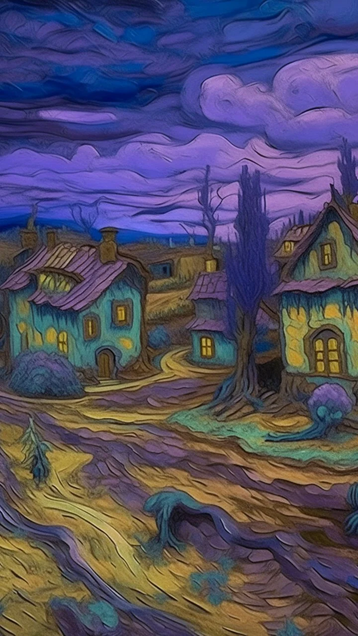 A purple haunted abandoned village covered in ectoplasm painted by Vincent van Gogh