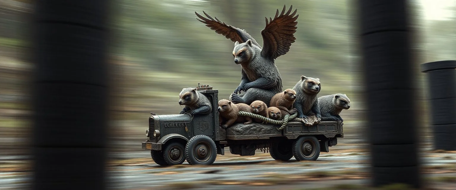 bad ass Owlbears badgers beavers overlord on stone age lorry with some kobolds, hyperrealism, motion blur background with black stone pillars as frame