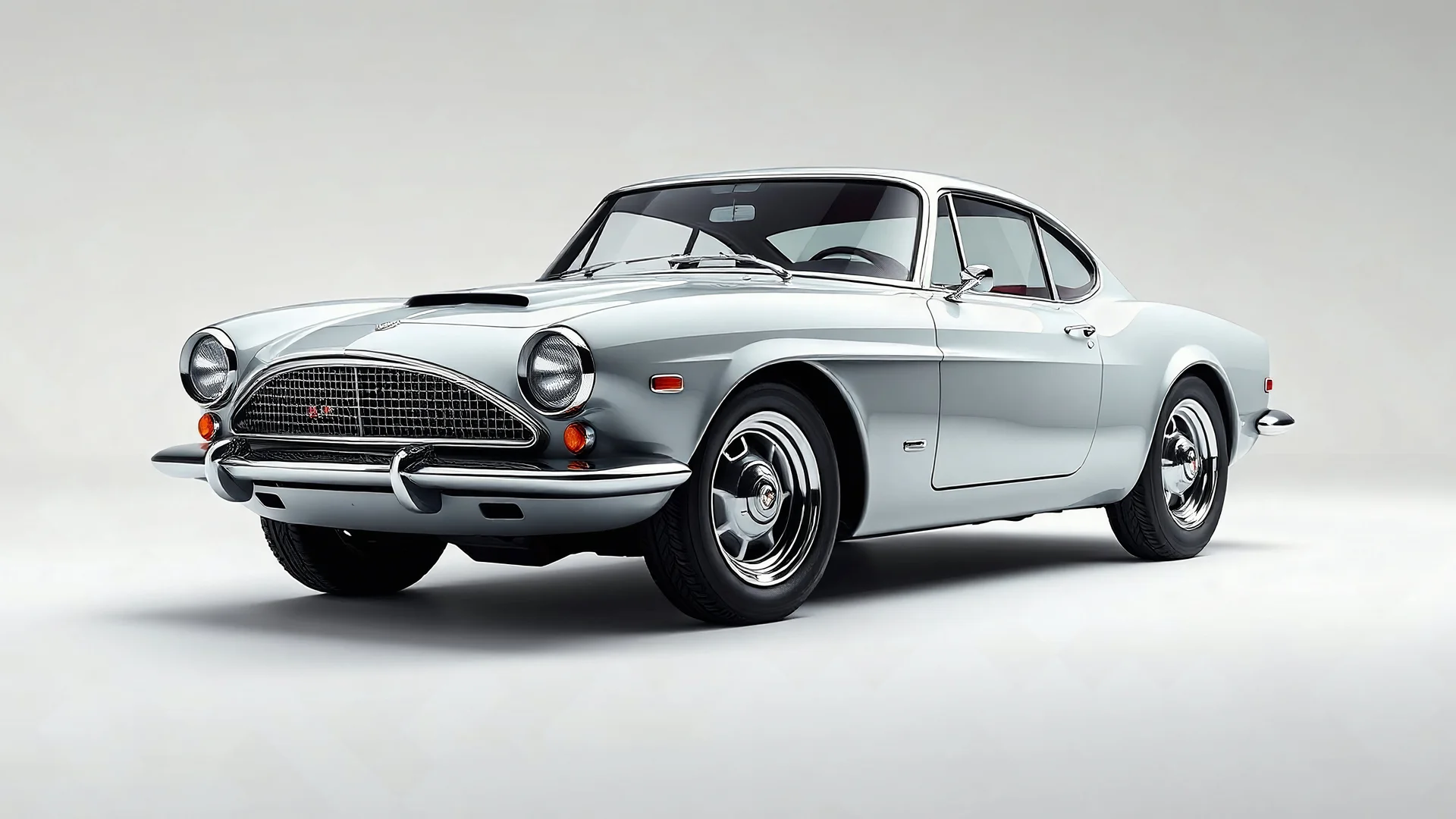 Retro sport classic car concept, inspired by 1970s design, chrome bumpers, round headlights, low profile, smooth curves, clean 3/4 view, studio background, full body visible, ray traced lighting, cinematic render, glossy paint, high detail