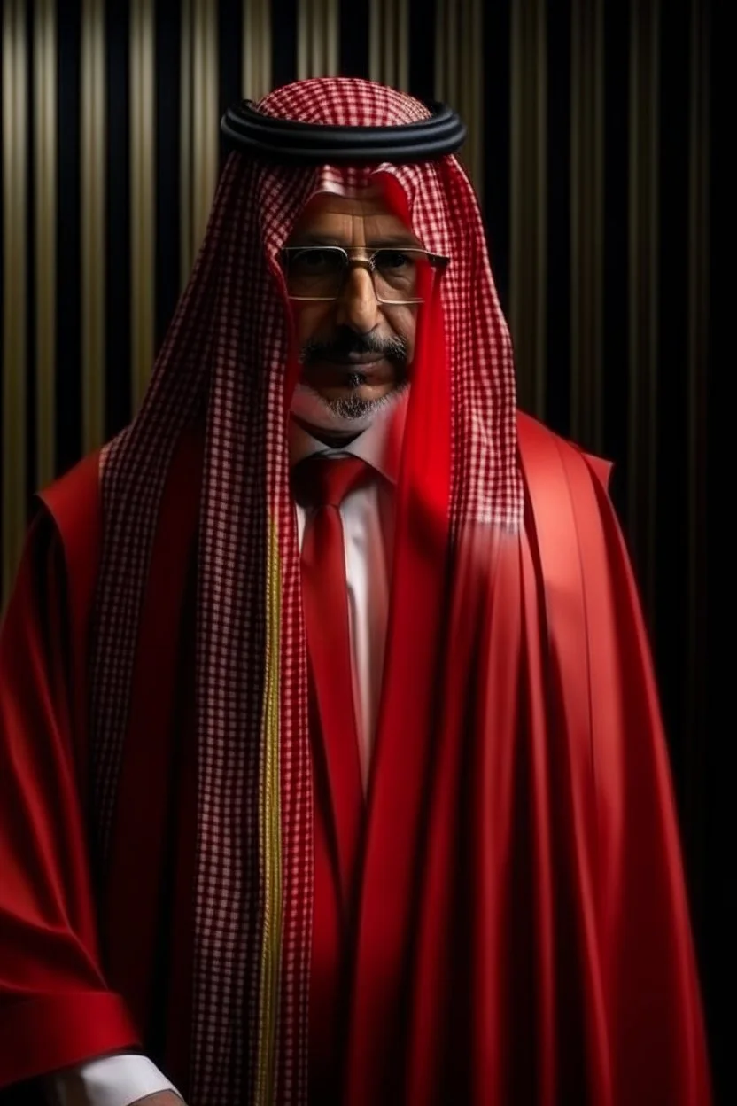 A Saudi lawyer in red shemagh with stripes, a modern Saudi lawyer and a balance for the law firm.