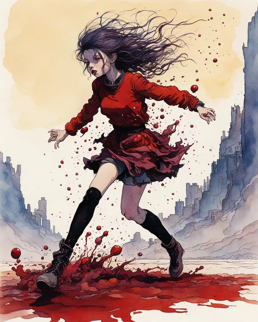 Petit girl goth, run pose, fullbody, splashes blood, behind guts rising from the ground, watercolor illustration by Jean Giraud Moebius, darkred tones,