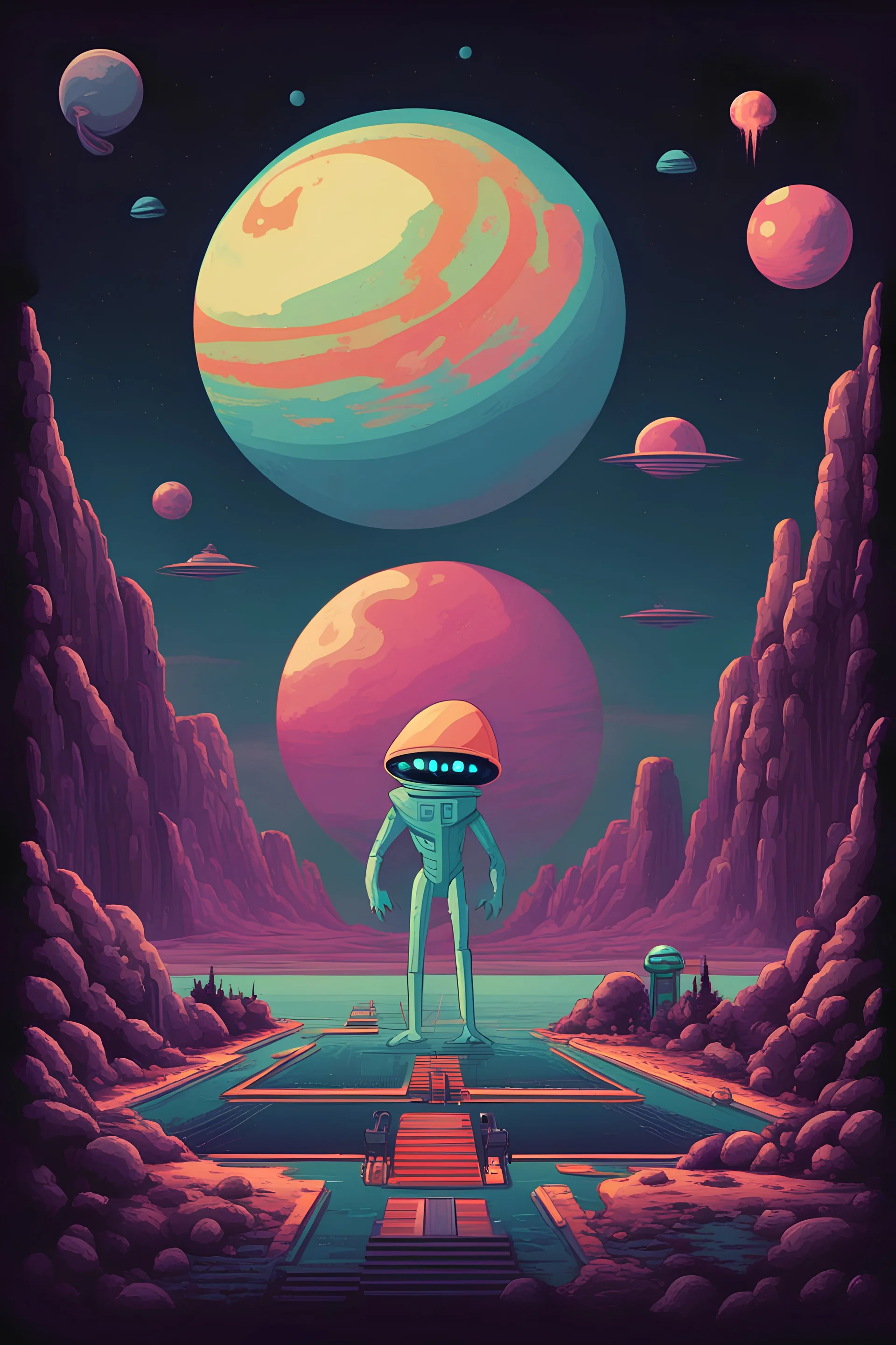 retro 2D game, extraterrestrial,1980 style