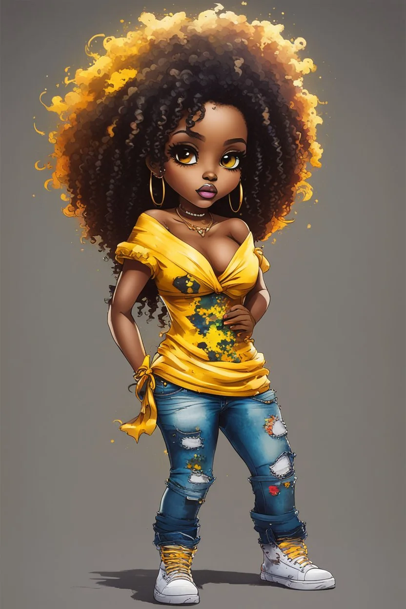 create a colorful abstract graffiti art image 8k of a chibi curvy black female wearing torn jeans pants and a yellow tie dye off the shoulder blouse. Prominent make up with hazel eyes. Highly detailed long tight curly afro in a hair wrap.