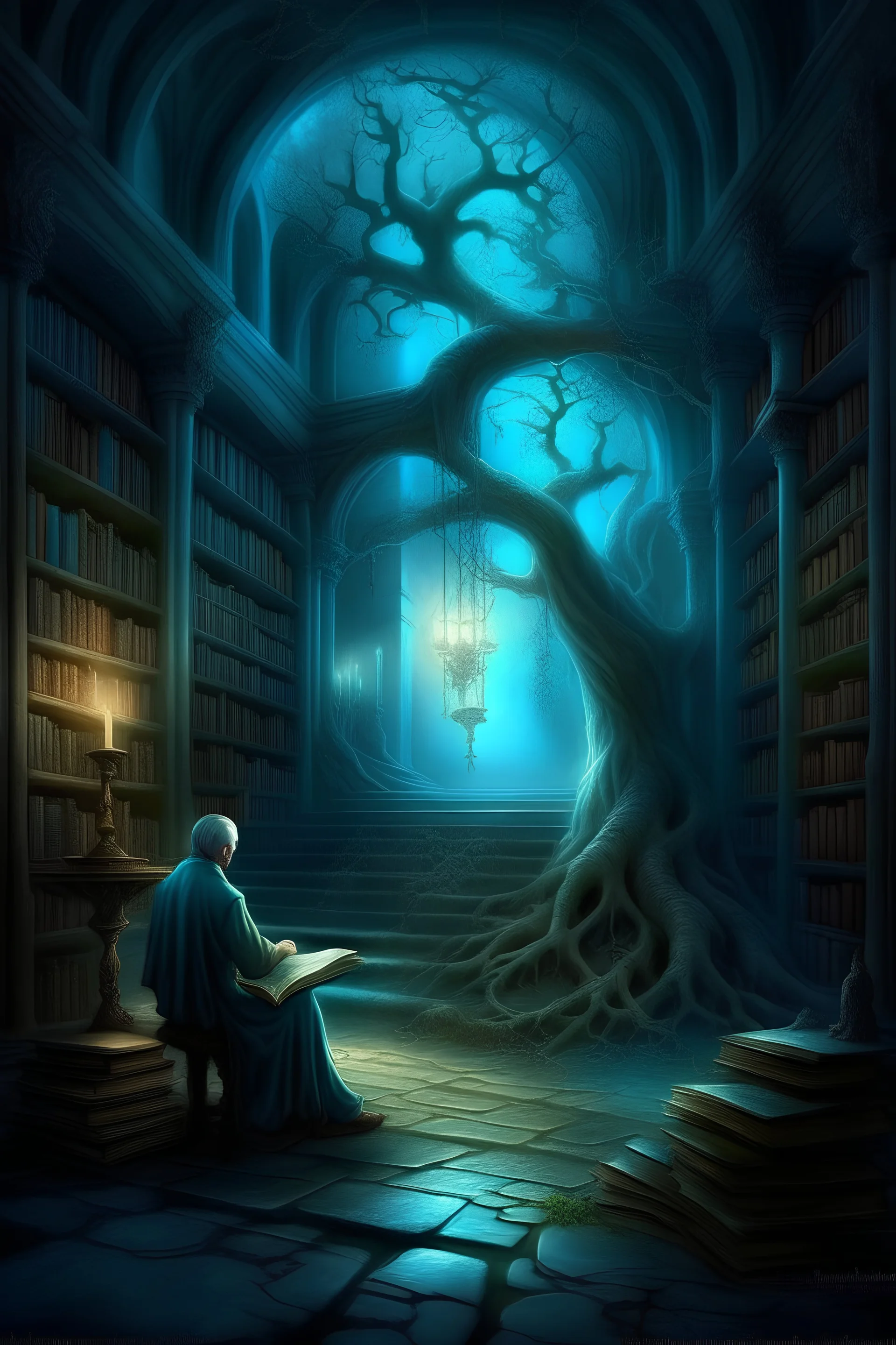 -imagine-fantasy style- a wondered man from middle ages stood thinking under the watchful gaze of the majestic enormous ow, In a realm veiled by mystery, in cyan and misty glowing softly light inside the room of the tree has a lot of books